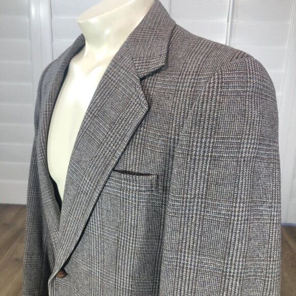 Vtg John Weitz Men's L Plaid Wool 2 Button Blazer Jacket Sport Coat Brown Tan - Picture 3 of 12